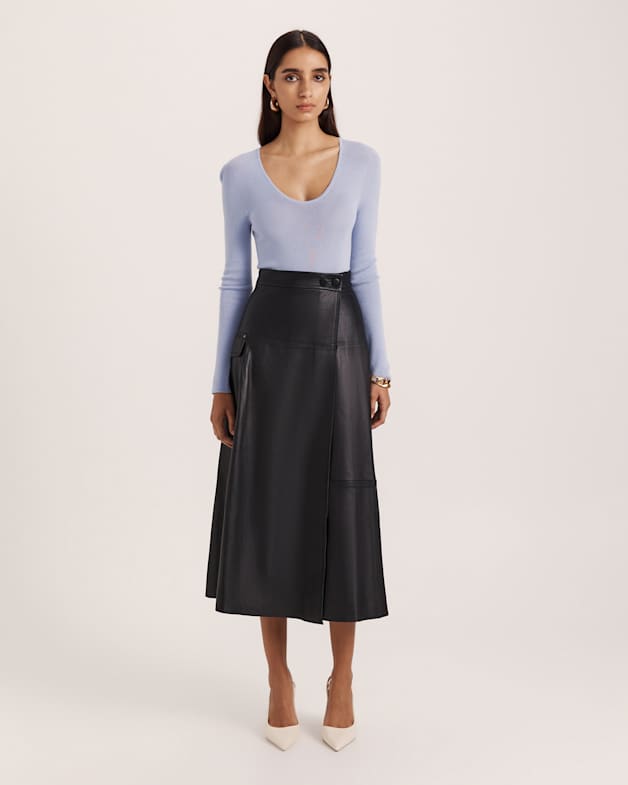 Black Leather Look Panelled A-Line Midi Skirt