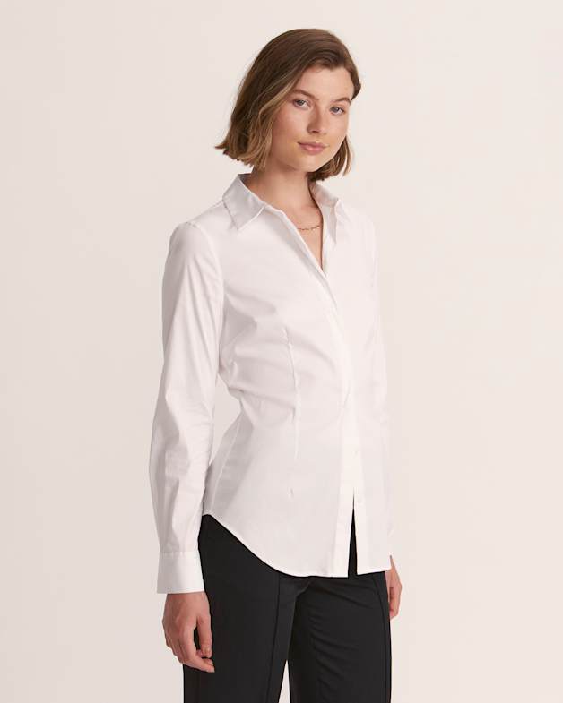 Fitted white button up shirt store