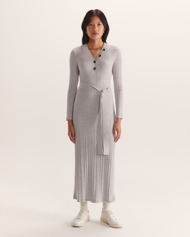 Sabine V Neck Long Sleeve Midi Dress in Grey Melange SABA