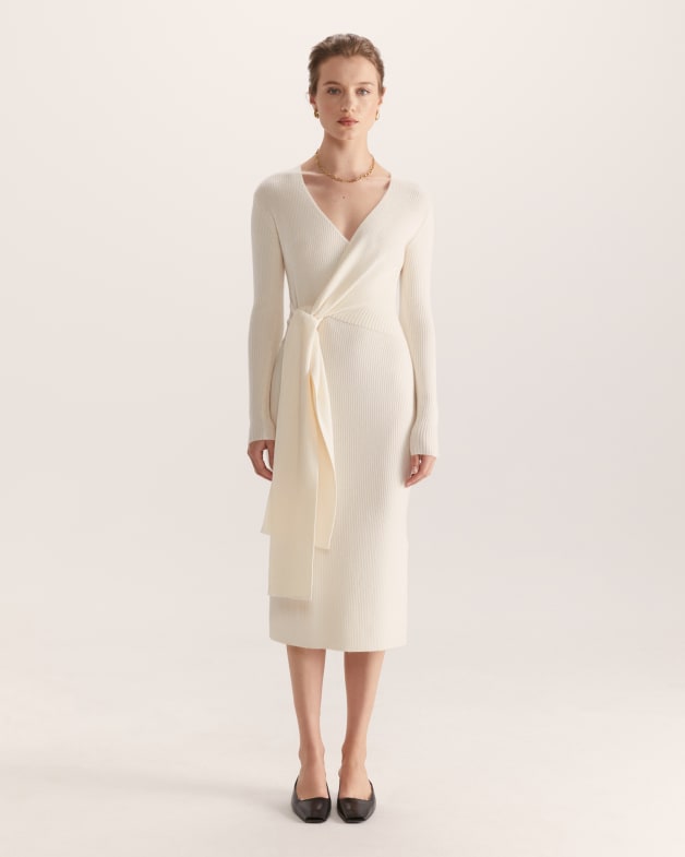 Elle Merino Wool Wrap Knit Dress in Winter White SABA