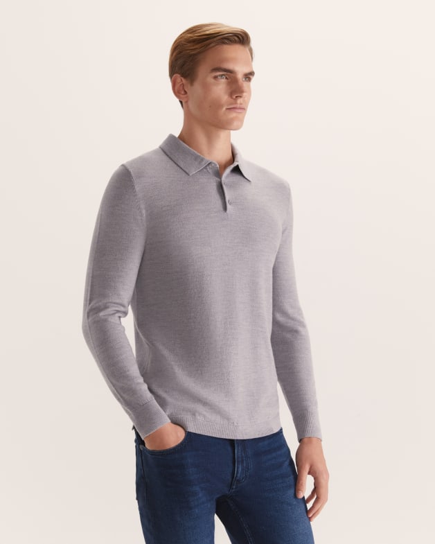 Franklin Merino Wool Long Sleeve Polo in Grey Melange SABA