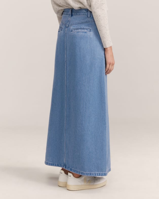 Blue denim skirt australia top