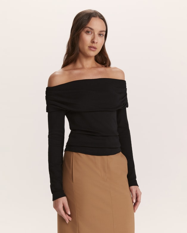 Coco Off Shoulder Long Sleeve Wool Top in Black SABA