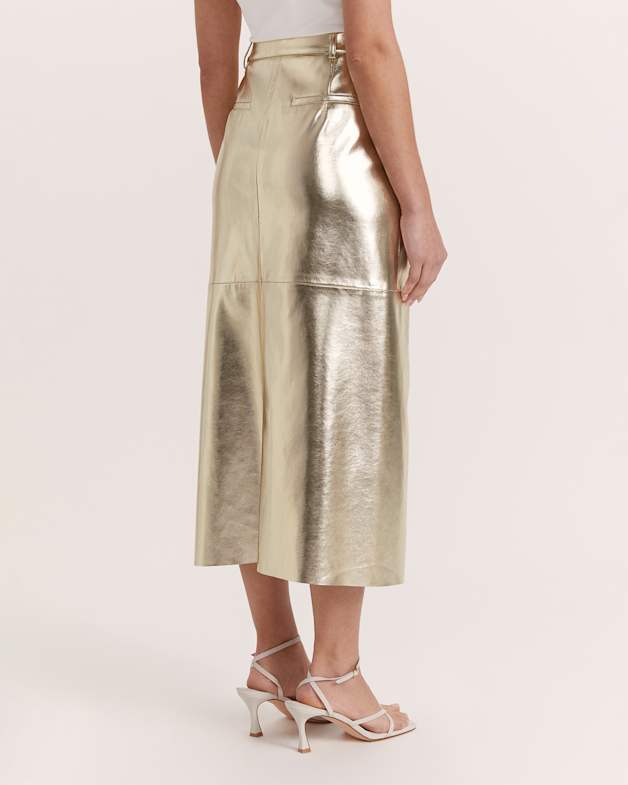 Quinn Faux Leather Metallic Midi Skirt in Gold SABA