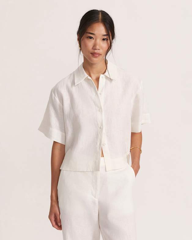 Lila Linen Short Sleeve Cropped Shirt in White SABA