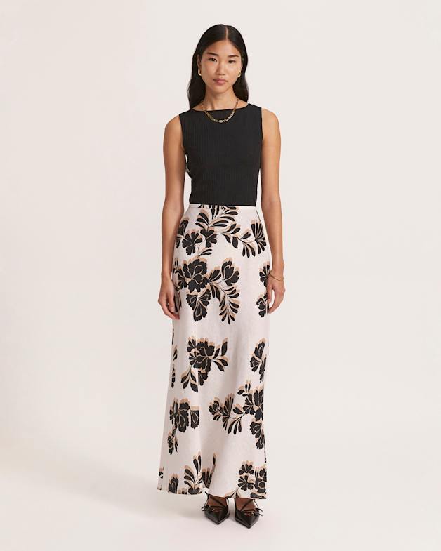 Ribbon Floral Bias Linen Midi Skirt in Multi SABA