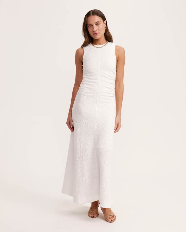 Ezra Gathered Midi Dress in White SABA