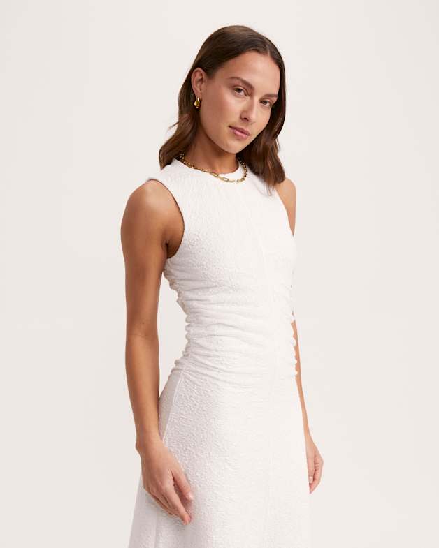 Ezra Gathered Midi Dress in White SABA