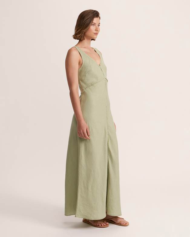 Lila Linen V Neck Midi Dress in Sage SABA