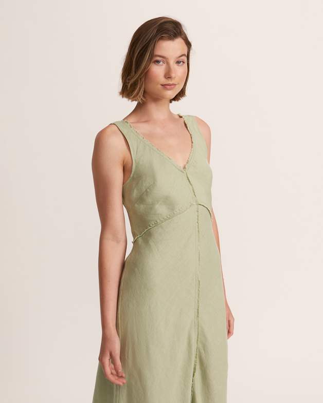 Lila Linen V Neck Midi Dress in Sage SABA