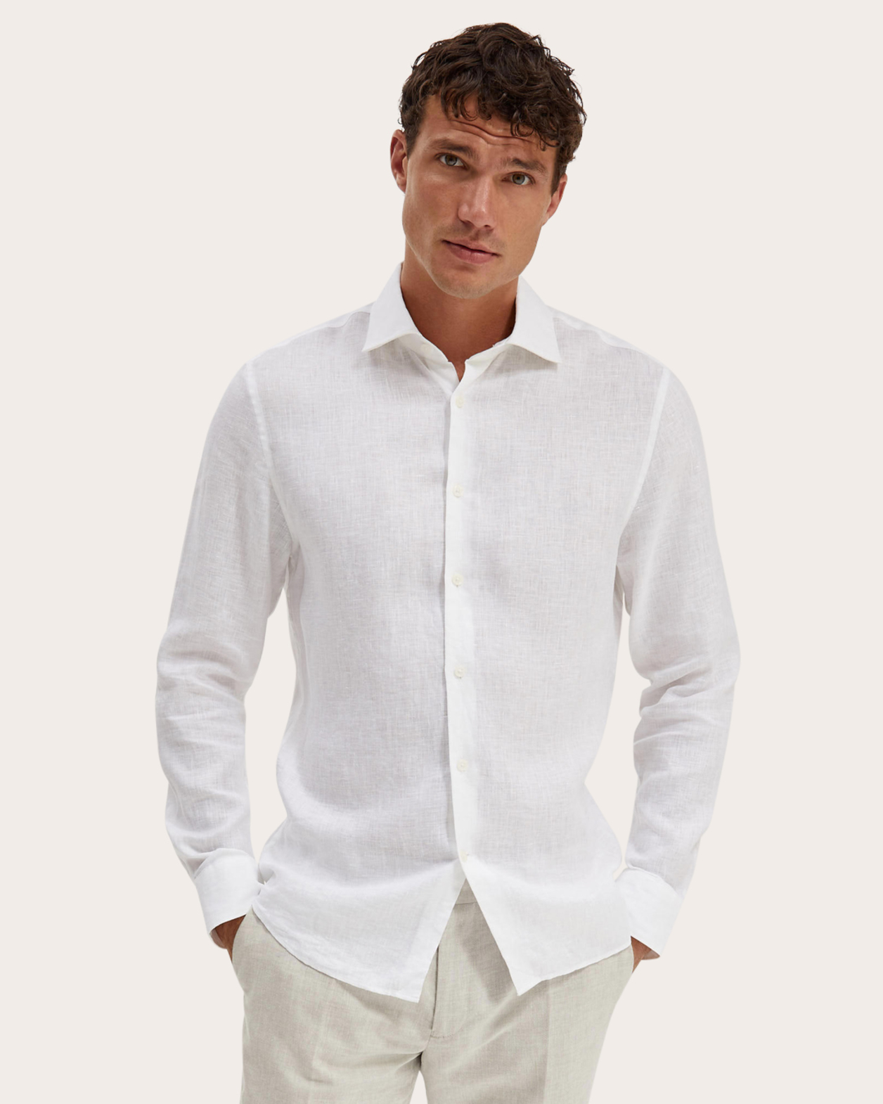 Julian Long Sleeve Slim Linen Shirt in ARCTIC WHITE