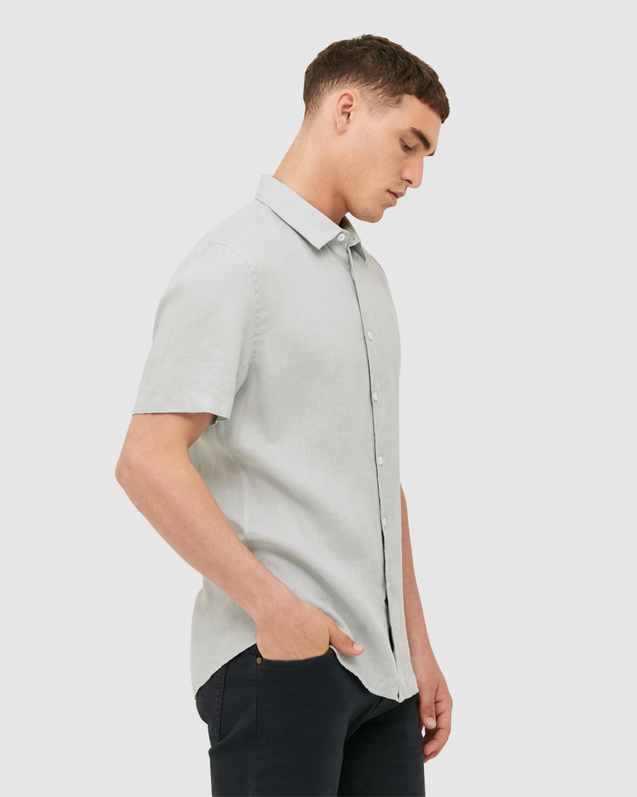 Anderson Short Sleeve Classic Linen Shirt in LICHEN