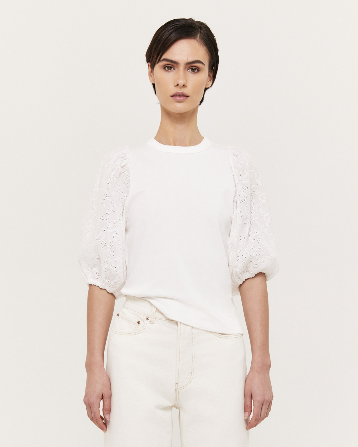 Laia Broderie Sleeve Tee in WHITE