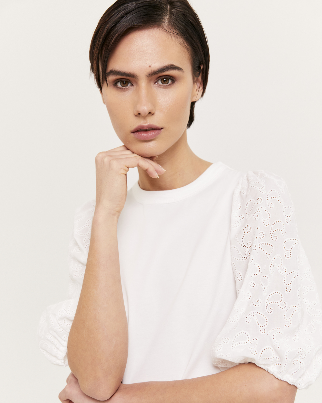Laia Broderie Sleeve Tee in WHITE
