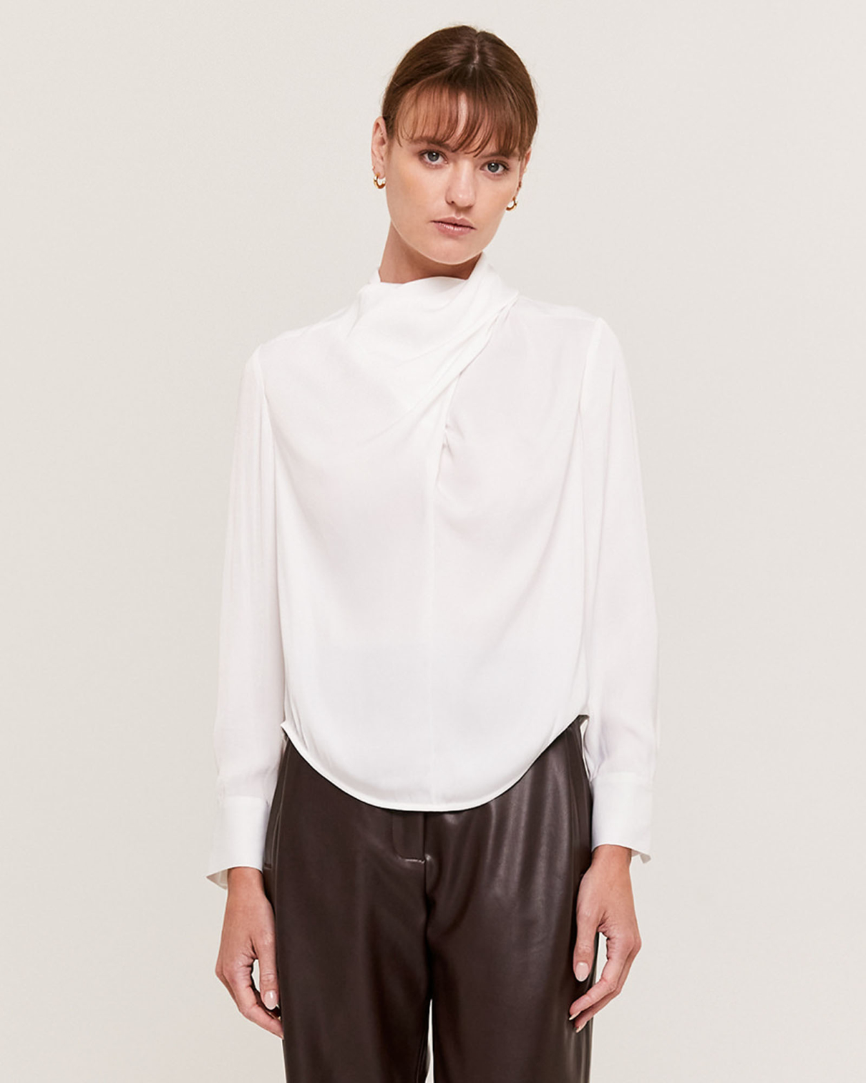 Lillian Mixed Media Draped Neck Top in OFF WHITE