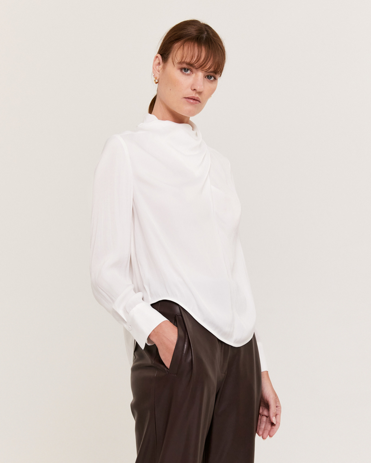Lillian Mixed Media Draped Neck Top in OFF WHITE