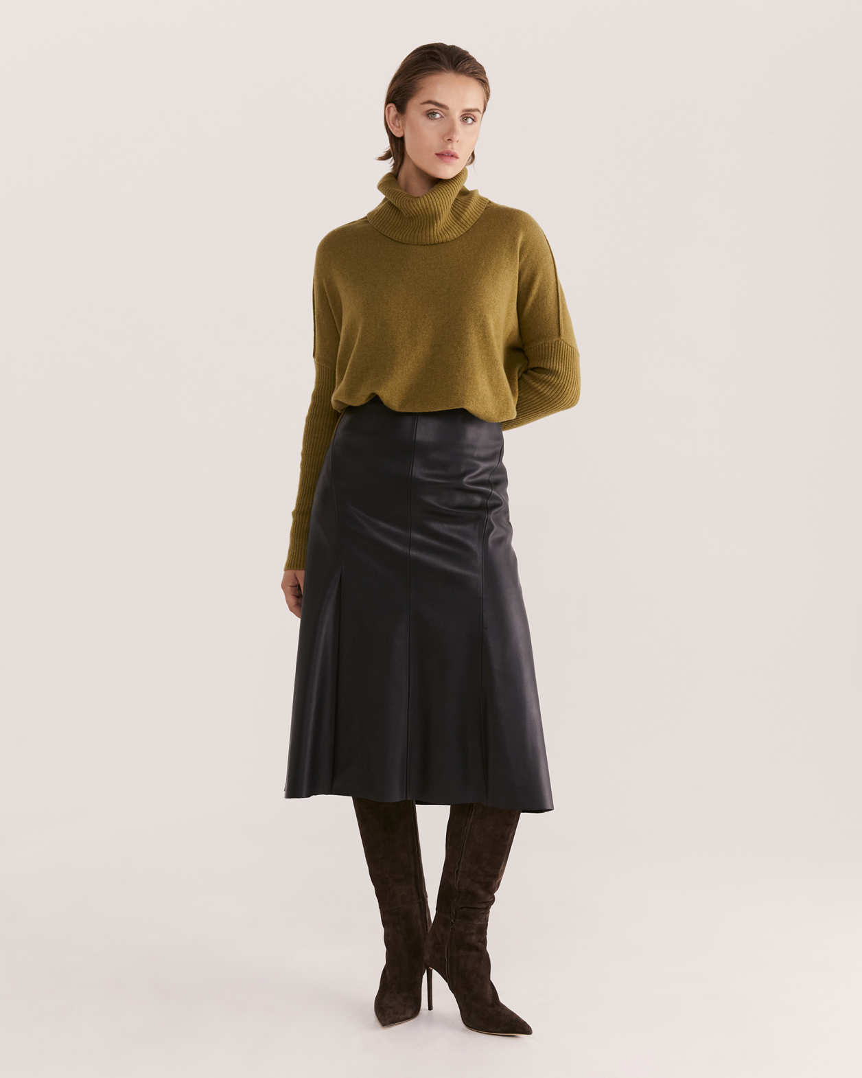 Claudia Merino Wool Roll Neck Knit in OLIVE