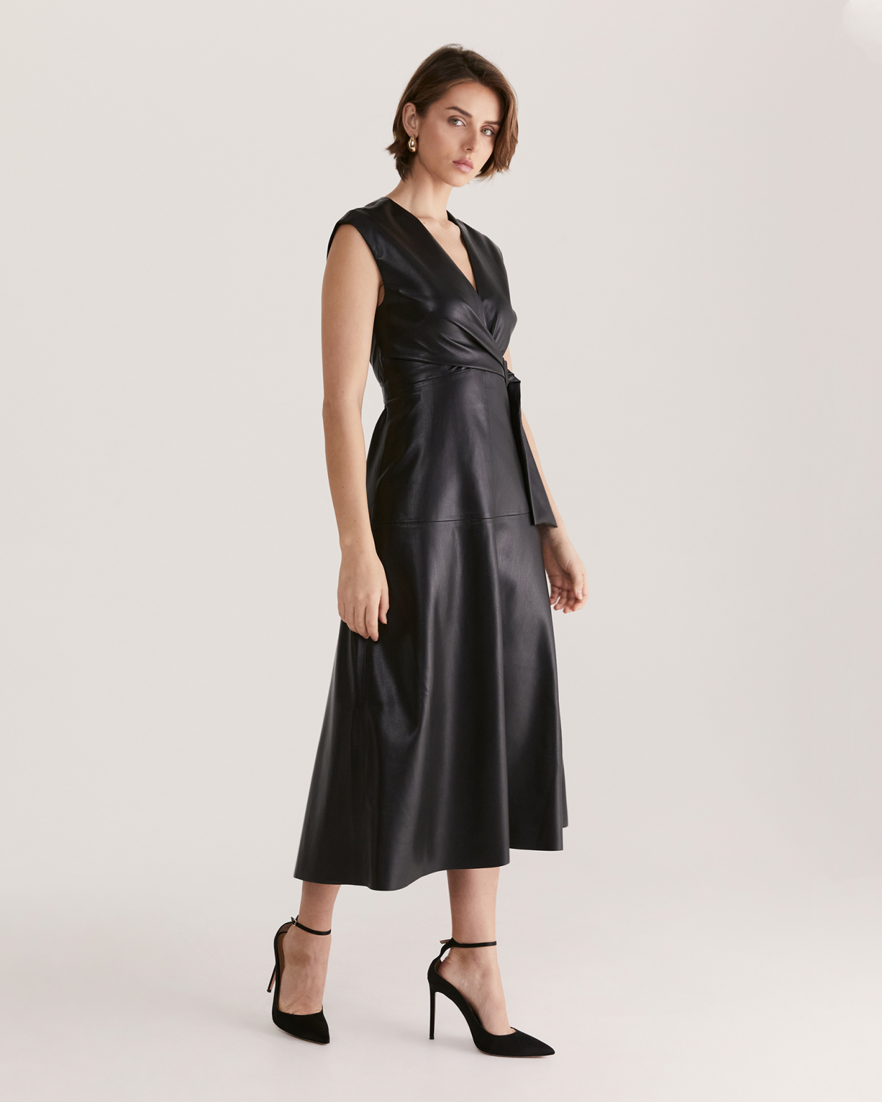 Mimi Vegan Leather Wrap Dress in BLACK