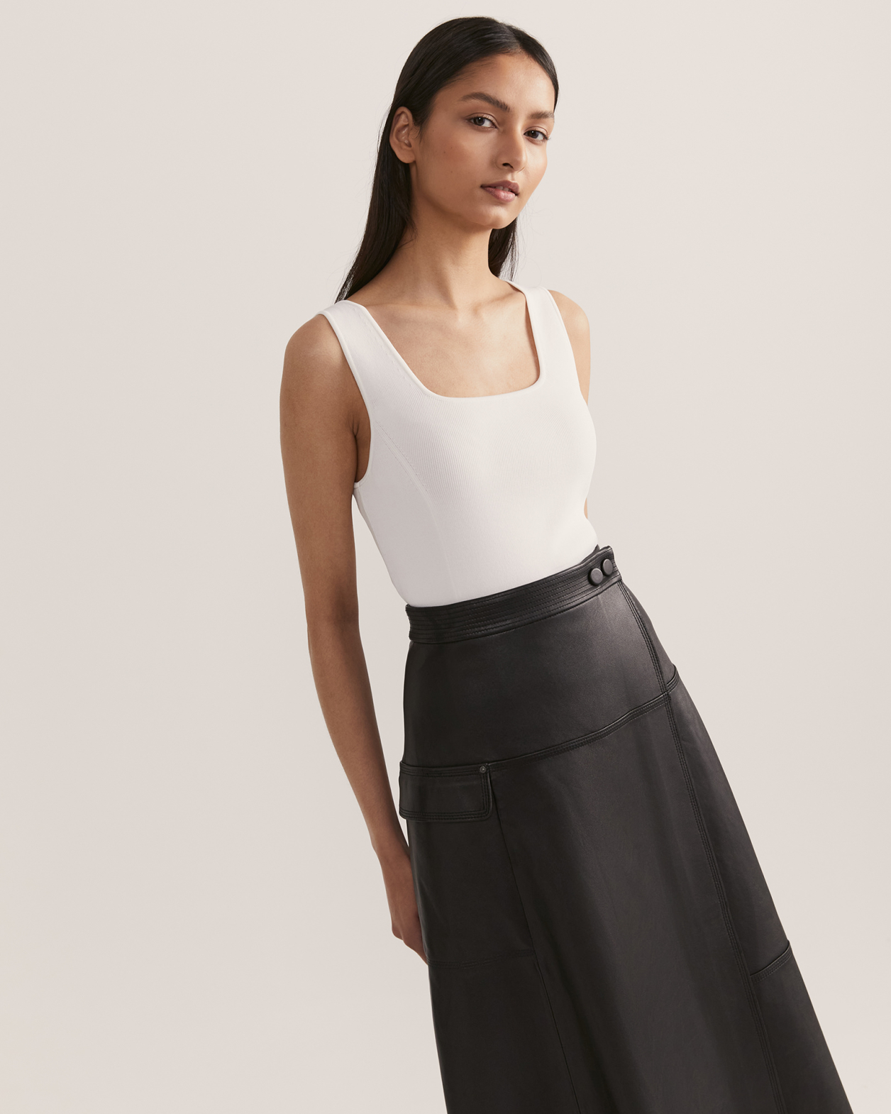 Aria Leather Wrap Midi Skirt in BLACK
