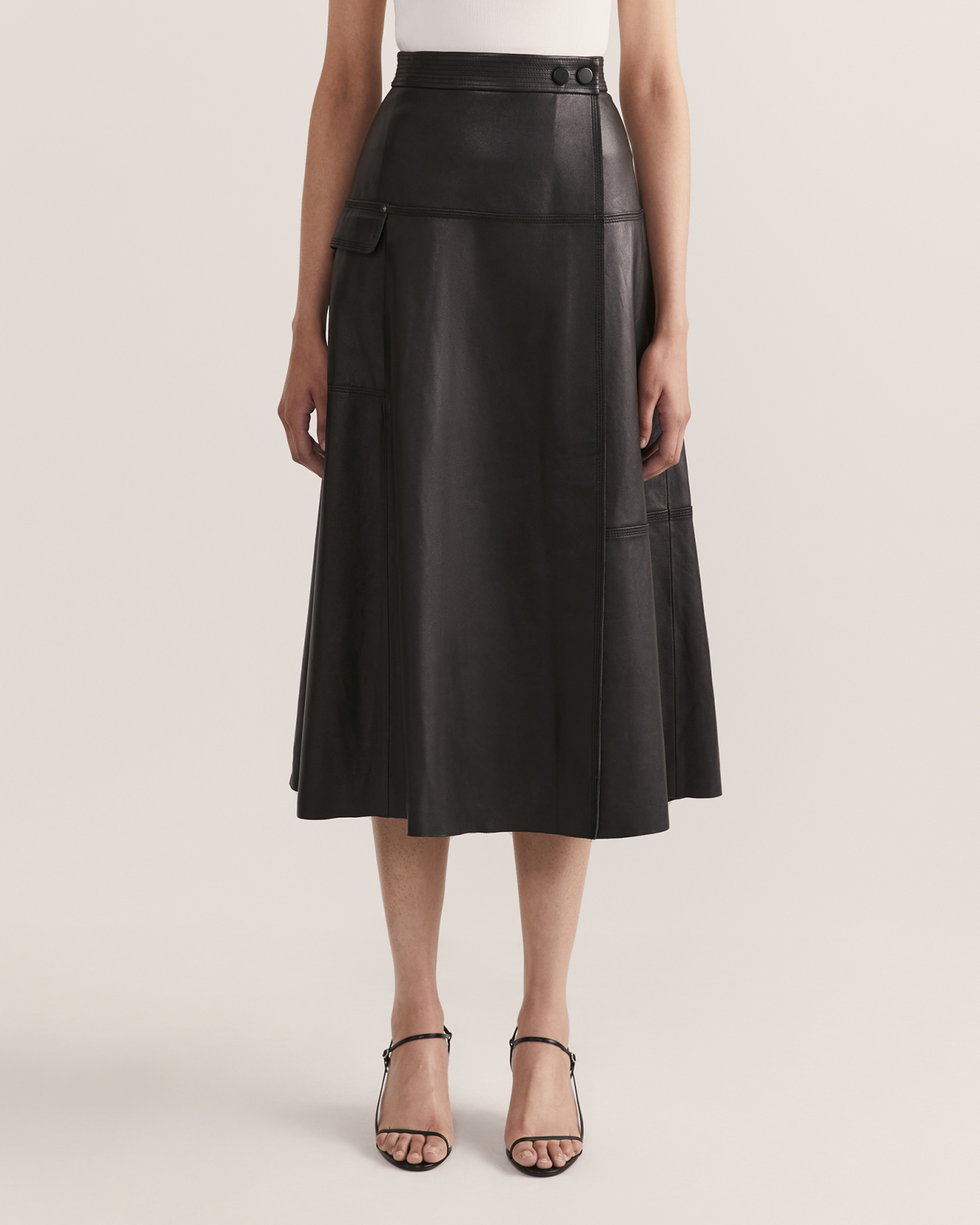 Aria Leather Wrap Midi Skirt in BLACK
