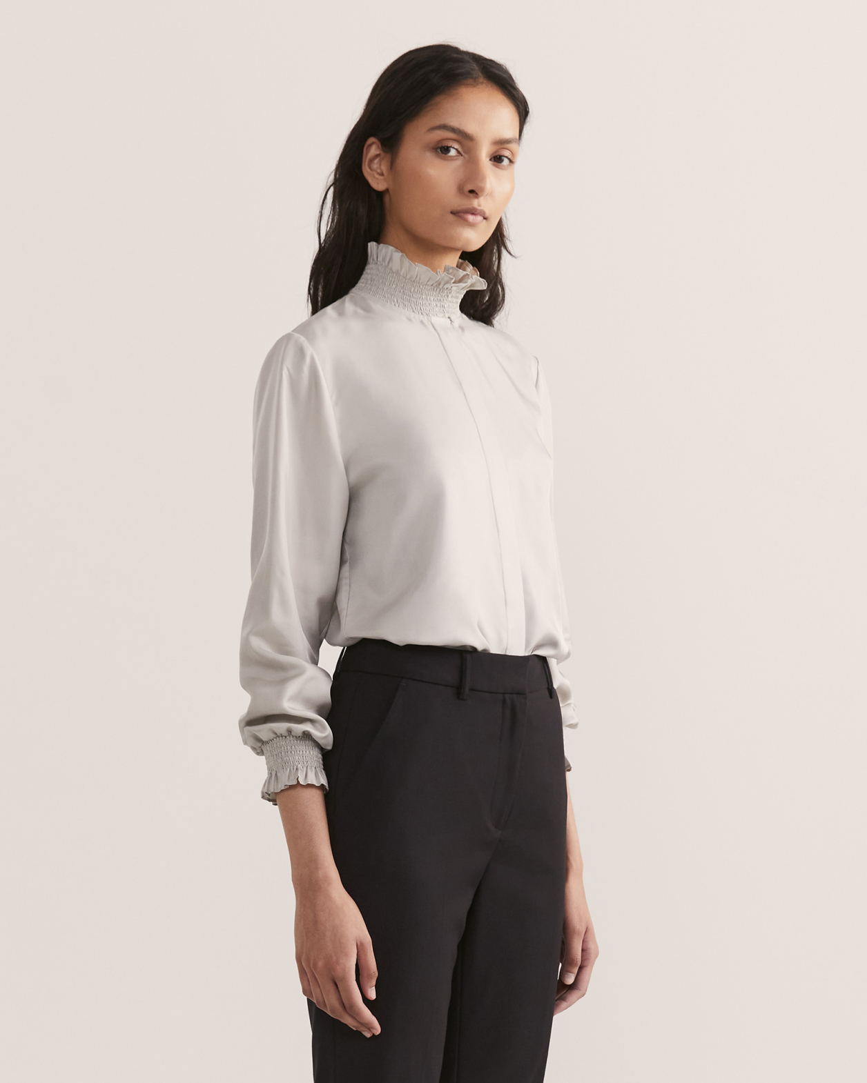 Elodie Silk Frill Neck Blouse in SILVER