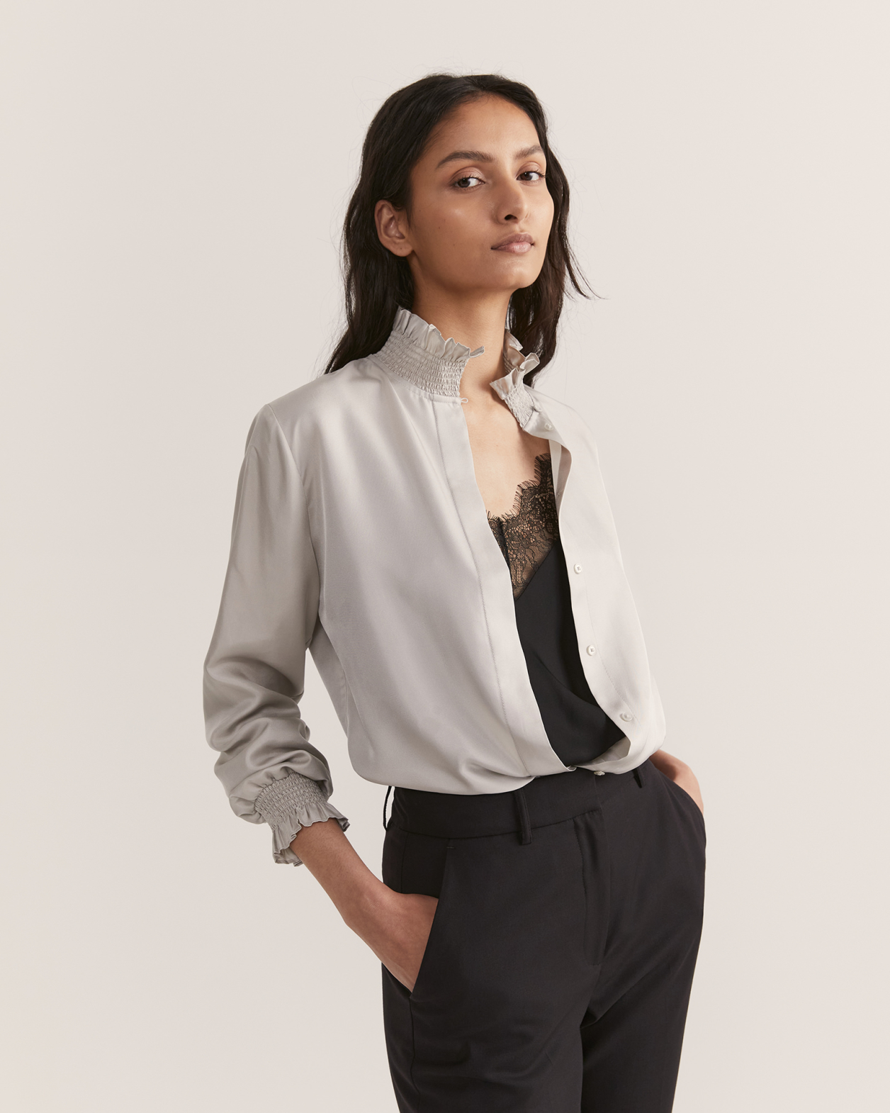 Elodie Silk Frill Neck Blouse in SILVER