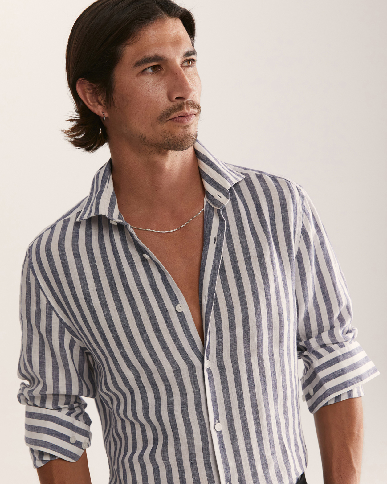 Anderson Long Sleeve Stripe Linen Shirt in NAVY