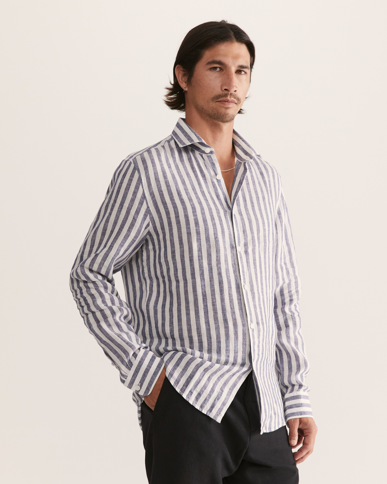 Anderson Long Sleeve Stripe Linen Shirt in NAVY