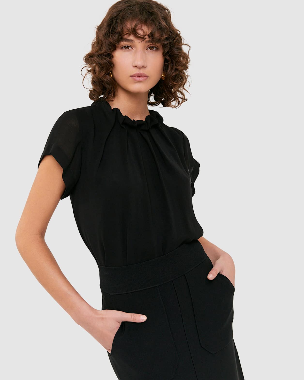 High Neck Short Sleeve Top in BLACK