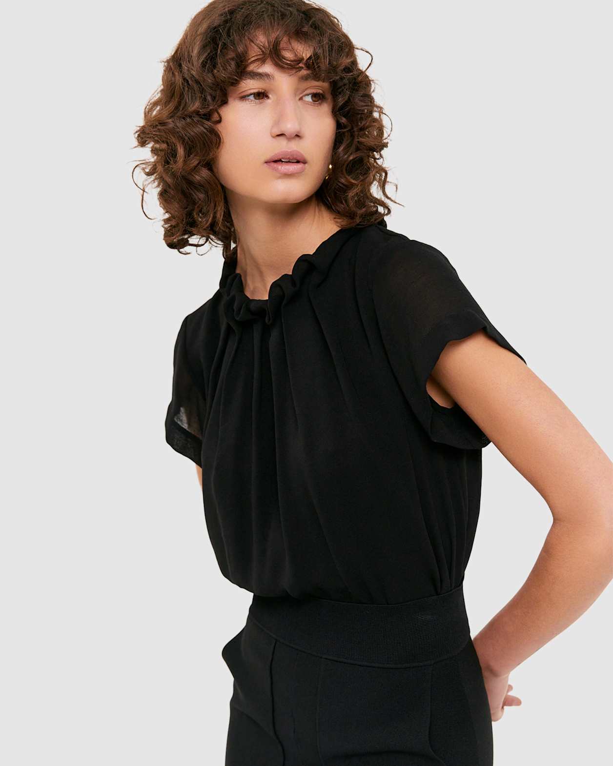 High Neck Short Sleeve Top in BLACK