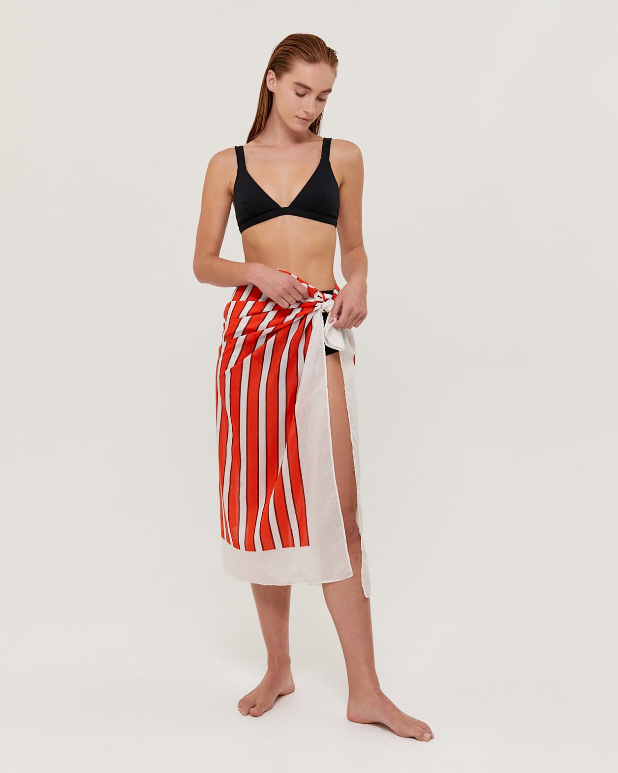 Tilda Silk Cotton Stripe Sarong in TANGERINE