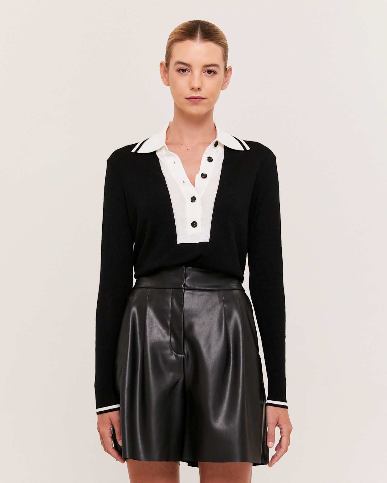 Laura Long Sleeve Knit Polo in BLACK/IVORY