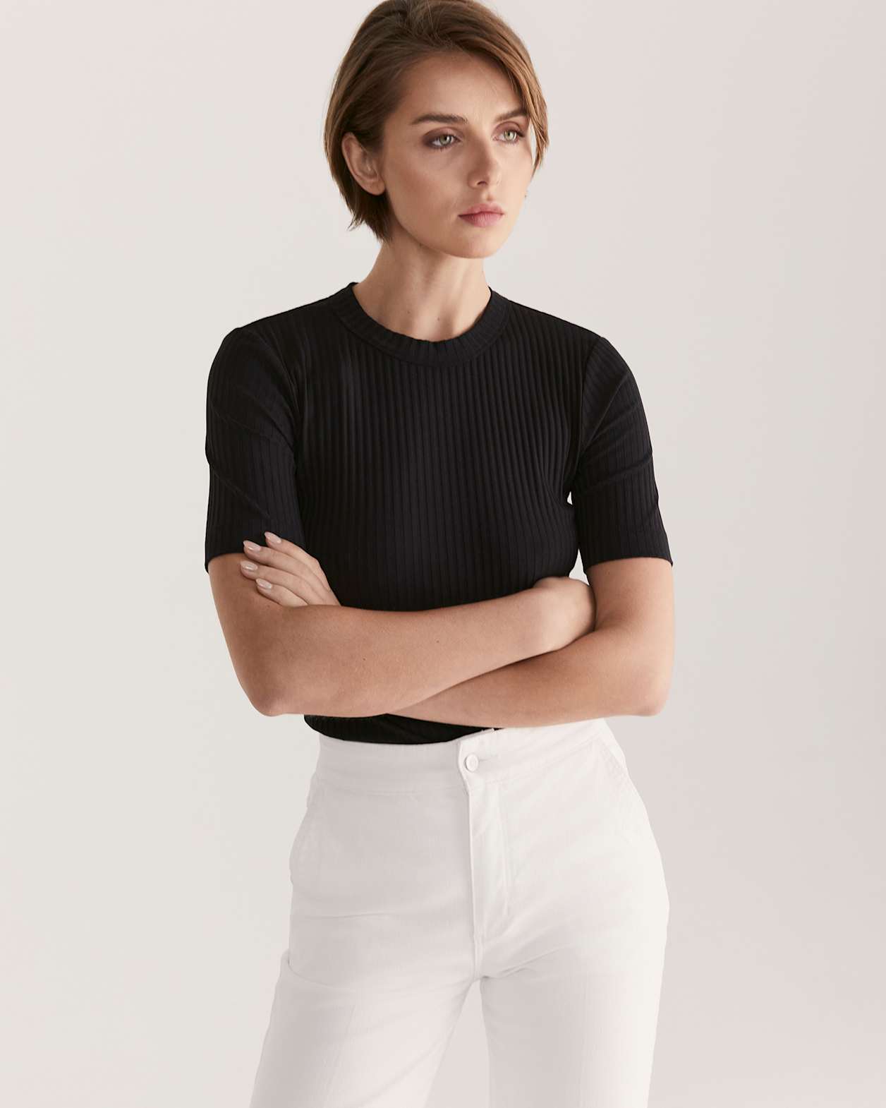 Maya Half Sleeve Rib Top in BLACK