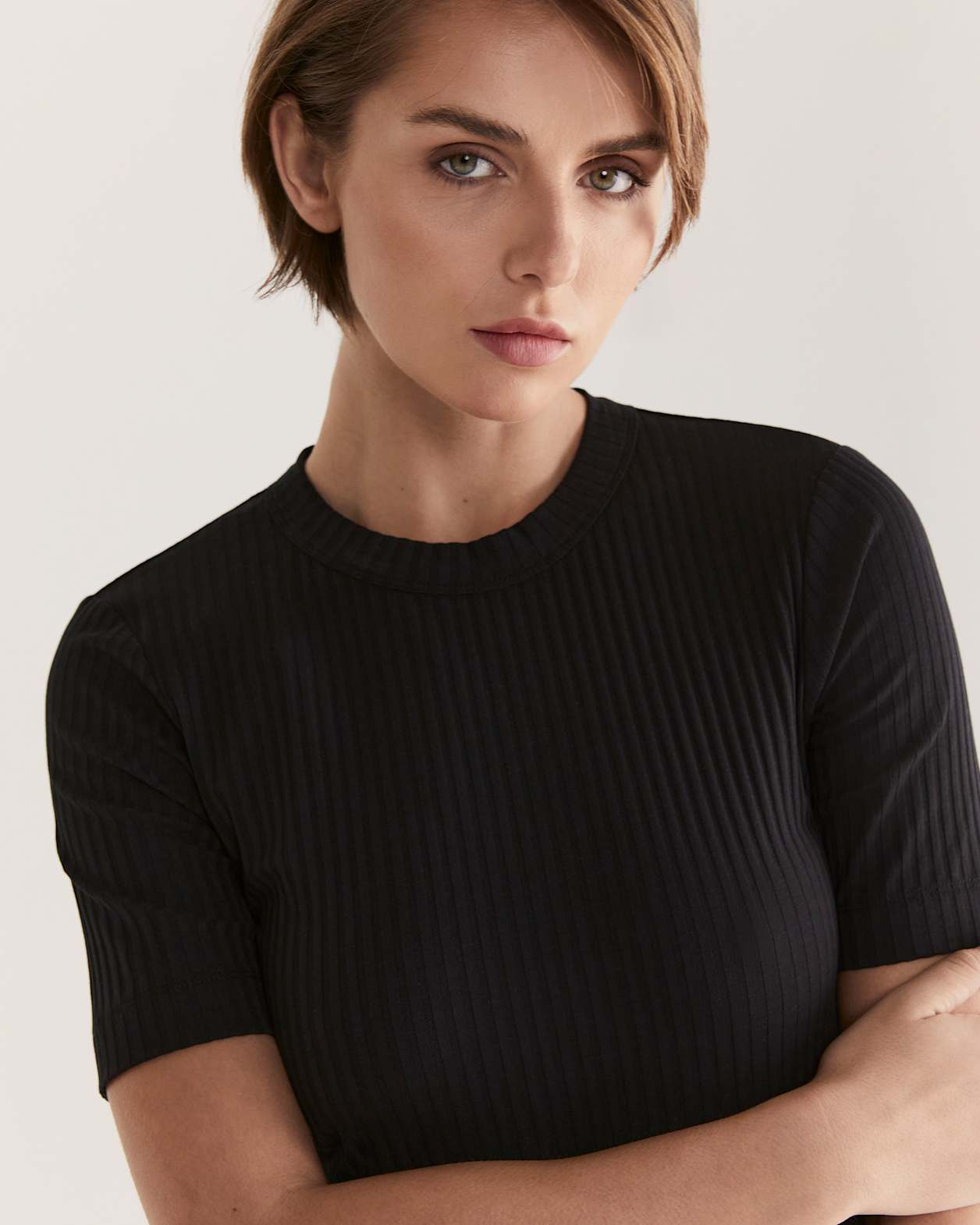 Maya Half Sleeve Rib Top in BLACK