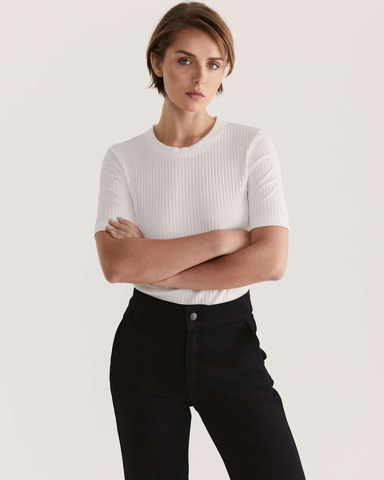 Maya Half Sleeve Rib Top in OFF WHITE