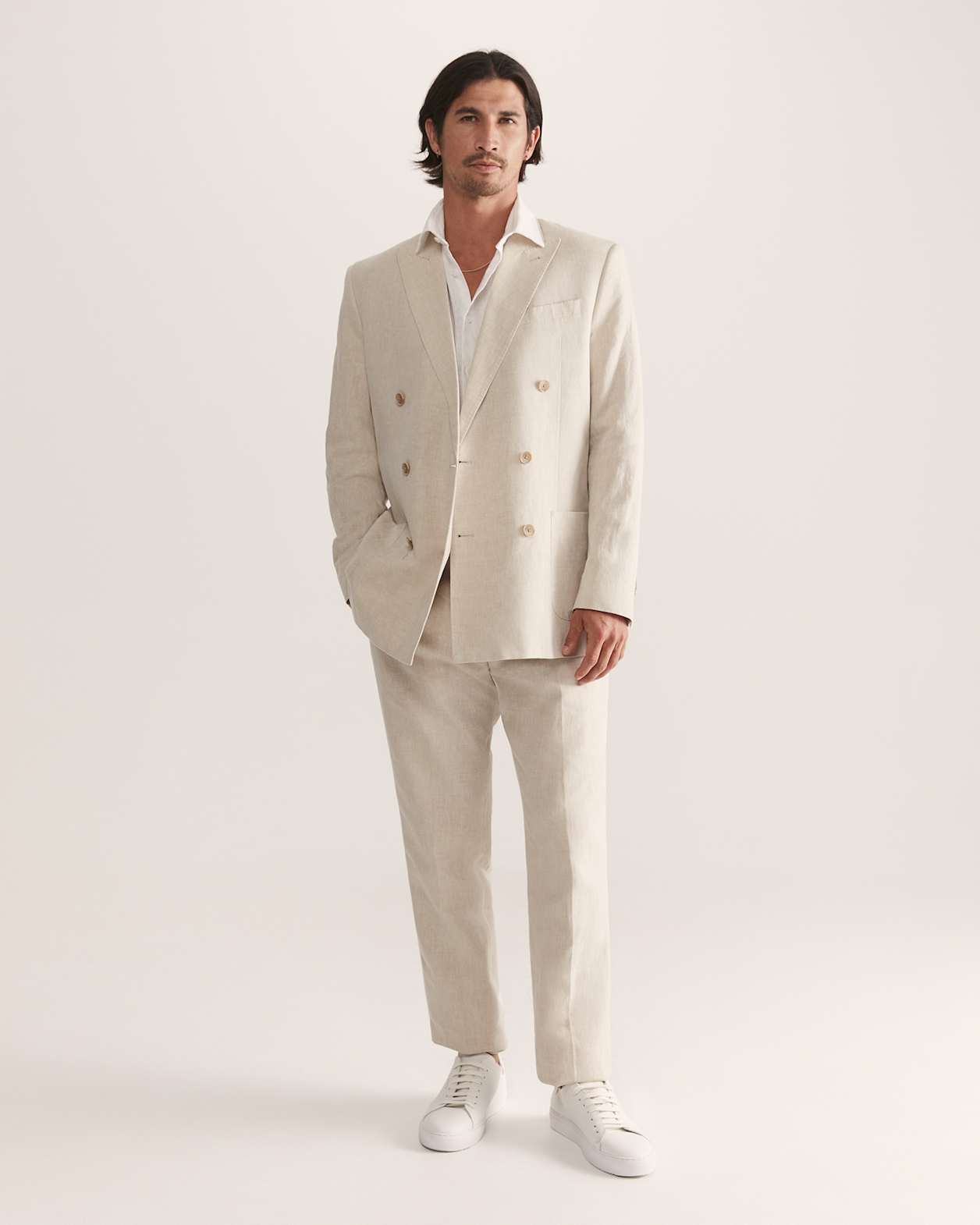 Elias Linen Cotton Double Breasted Blazer in BEIGE