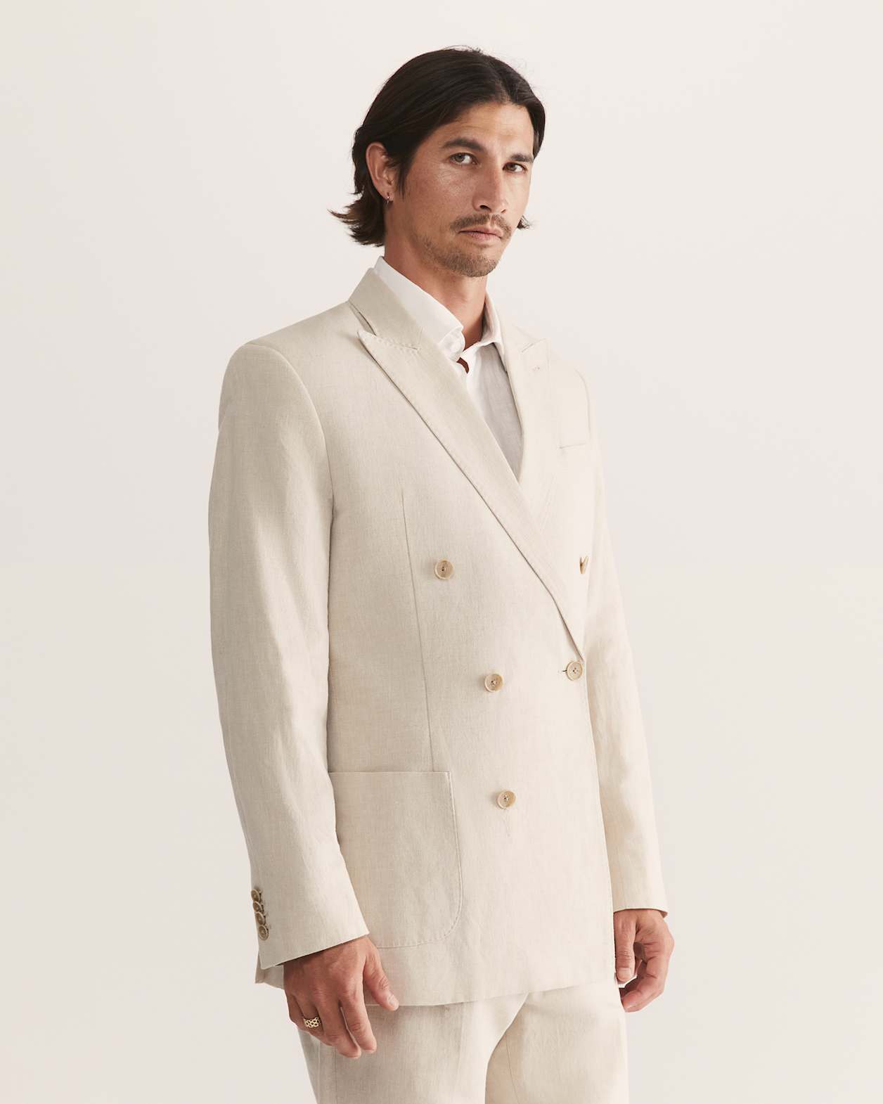 Elias Linen Cotton Double Breasted Blazer in BEIGE