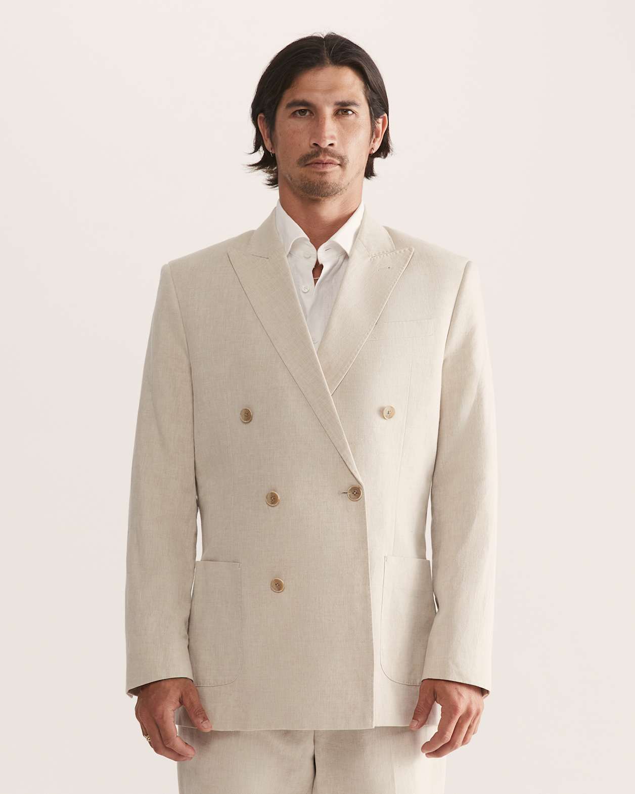 Elias Linen Cotton Double Breasted Blazer in BEIGE