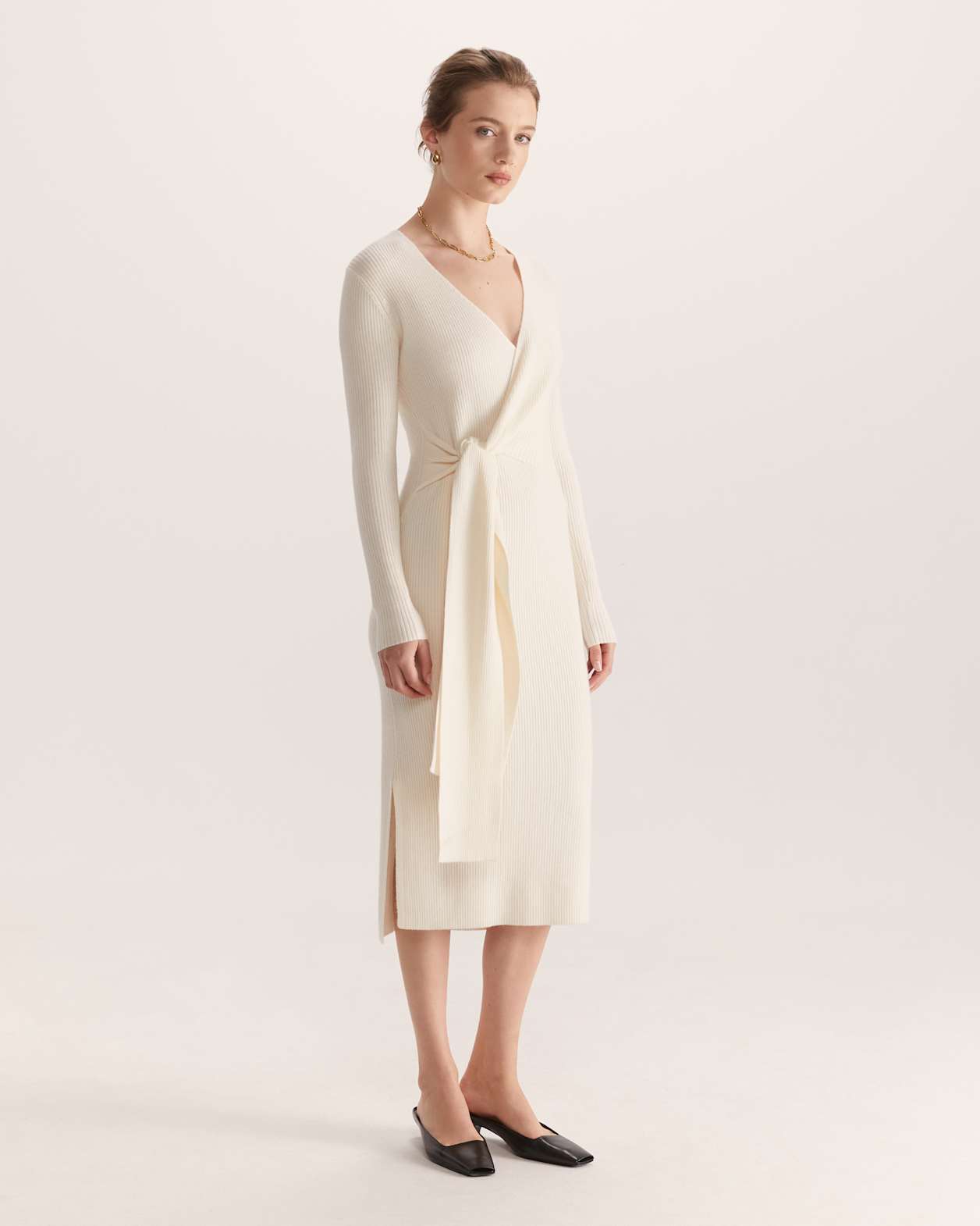 Elle Merino Wool Wrap Knit Dress in WINTER WHITE