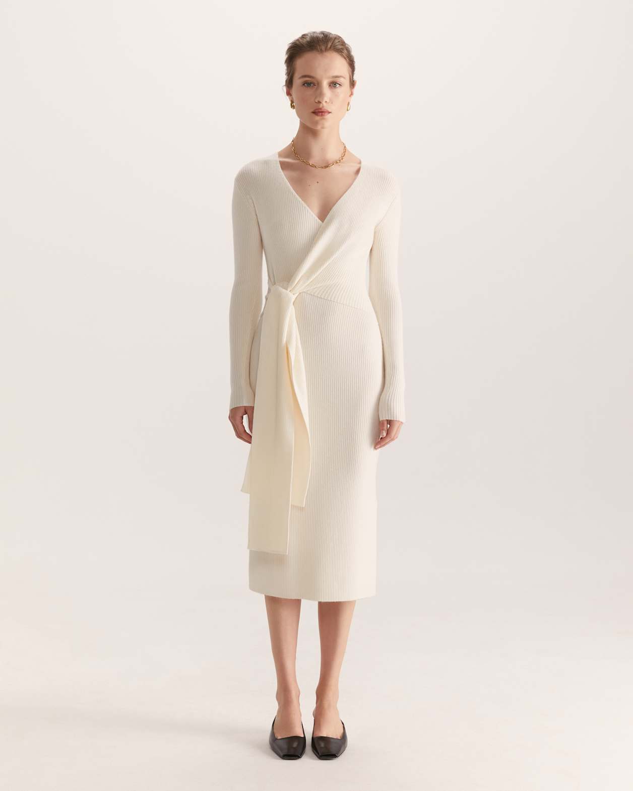 Elle Merino Wool Wrap Knit Dress in WINTER WHITE