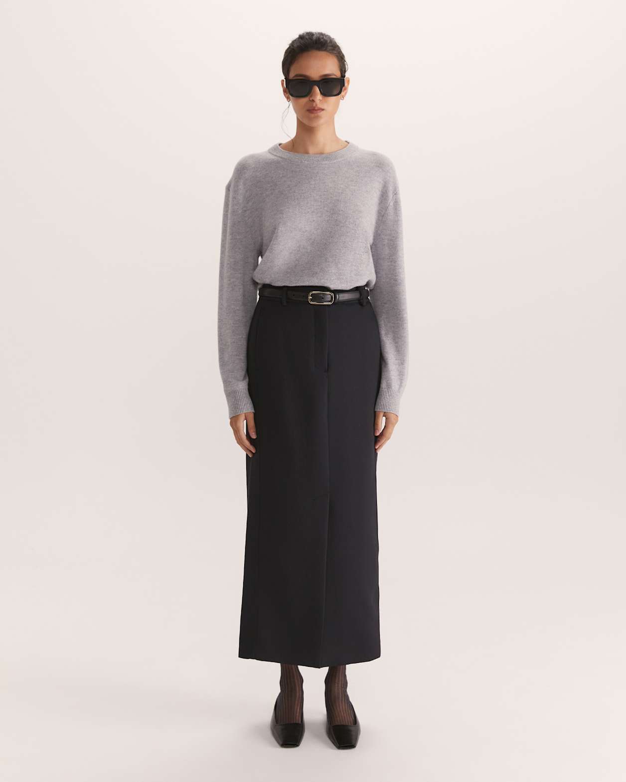 Nora Wool Cashmere Crew Neck Knit Top in GREY MELANGE