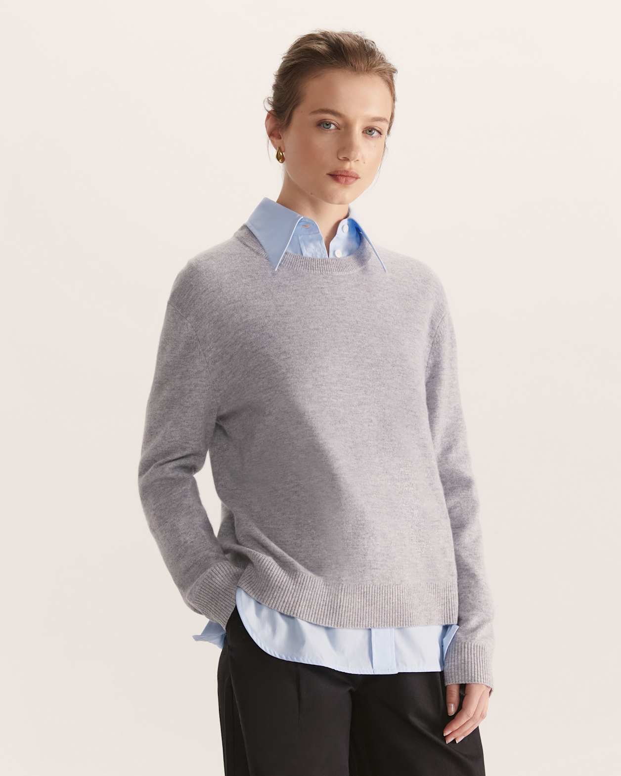 Nora Wool Cashmere Crew Neck Knit Top in GREY MELANGE