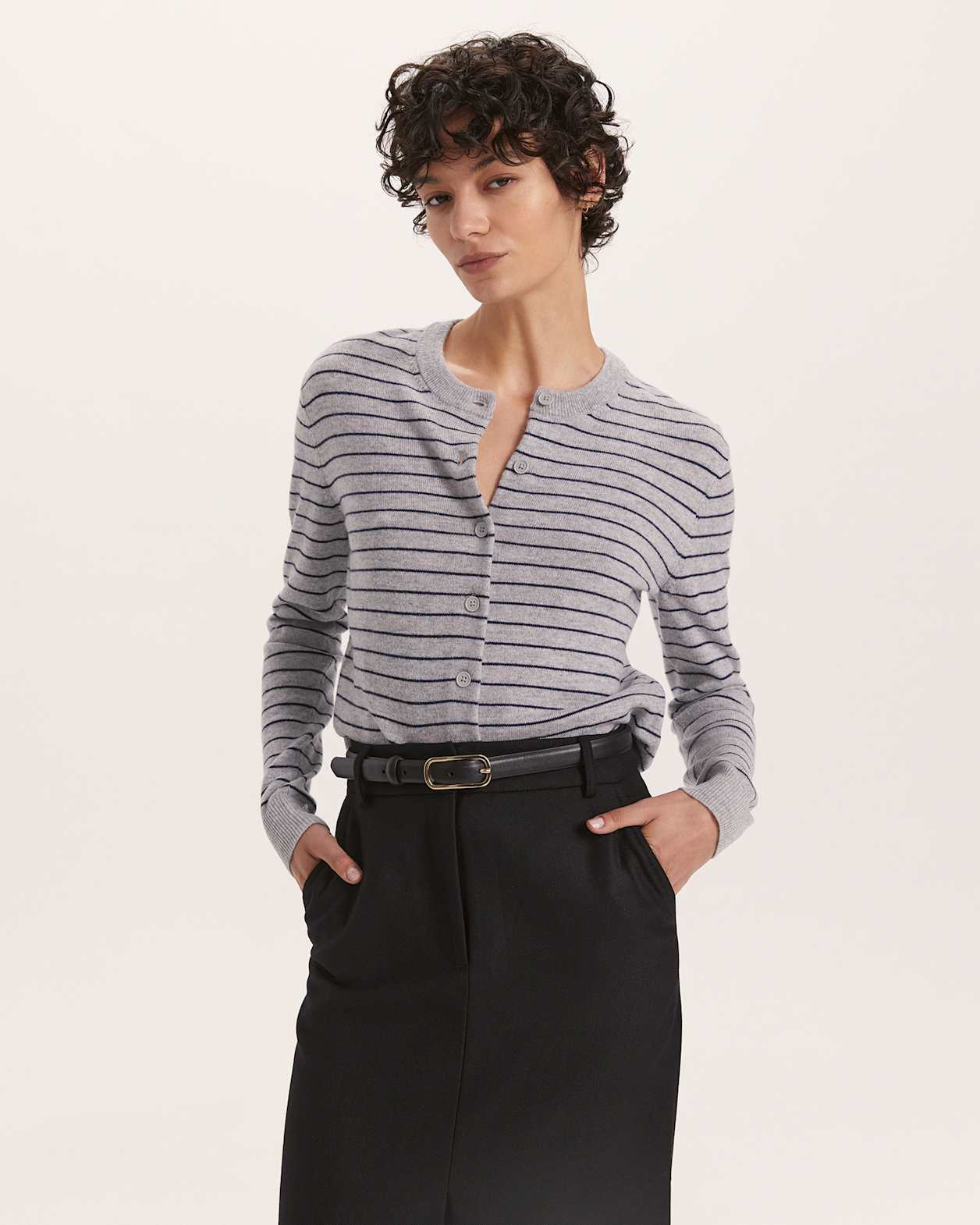 Nora Wool Cashmere Stripe Cardigan in GREY/NAVY
