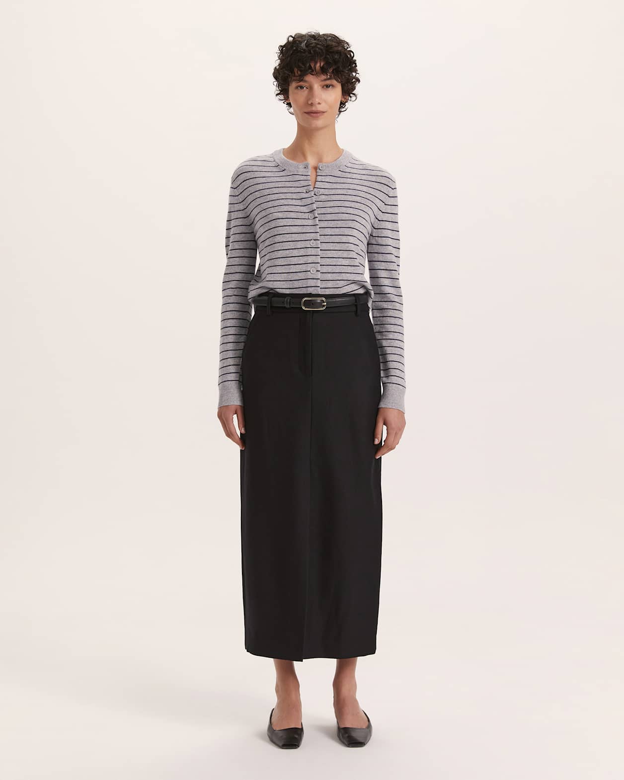 Nora Wool Cashmere Stripe Cardigan in GREY/NAVY