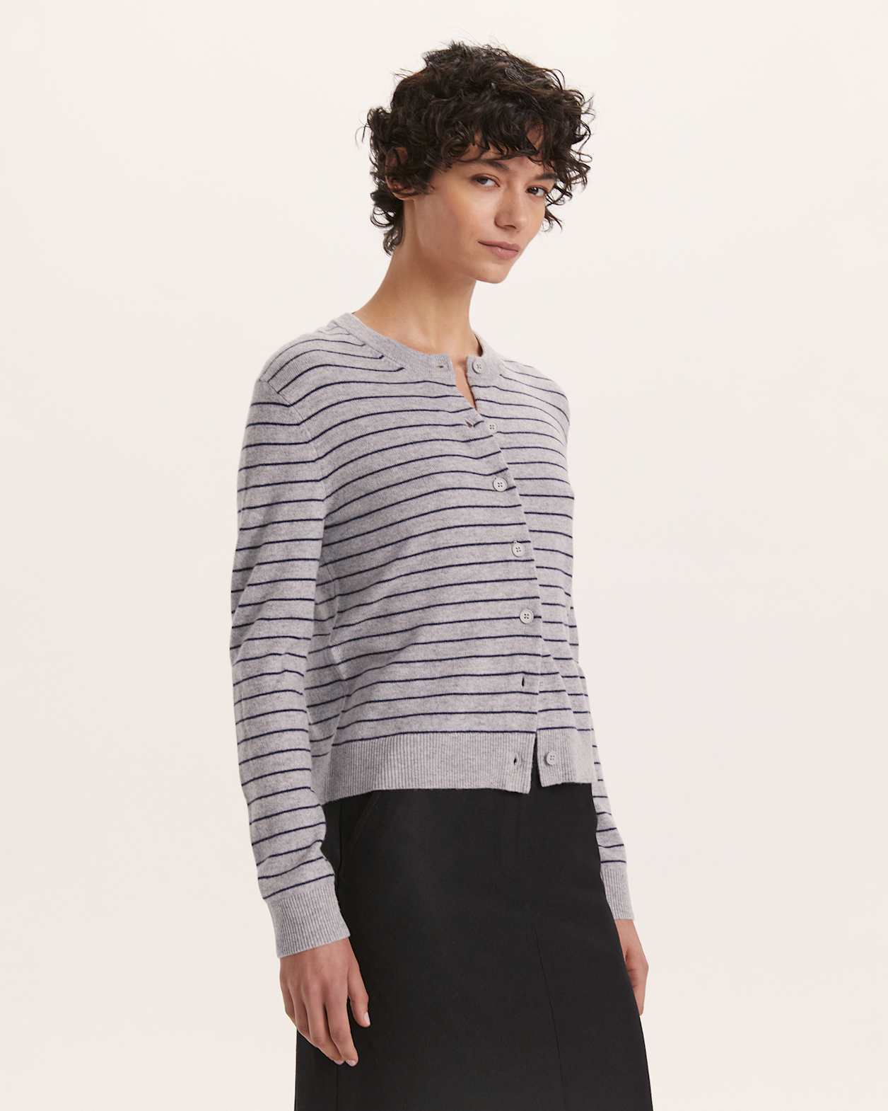 Nora Wool Cashmere Stripe Cardigan in GREY/NAVY