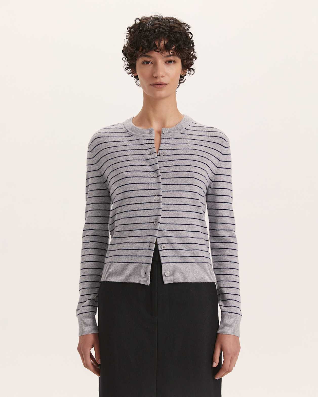 Nora Wool Cashmere Stripe Cardigan in GREY/NAVY