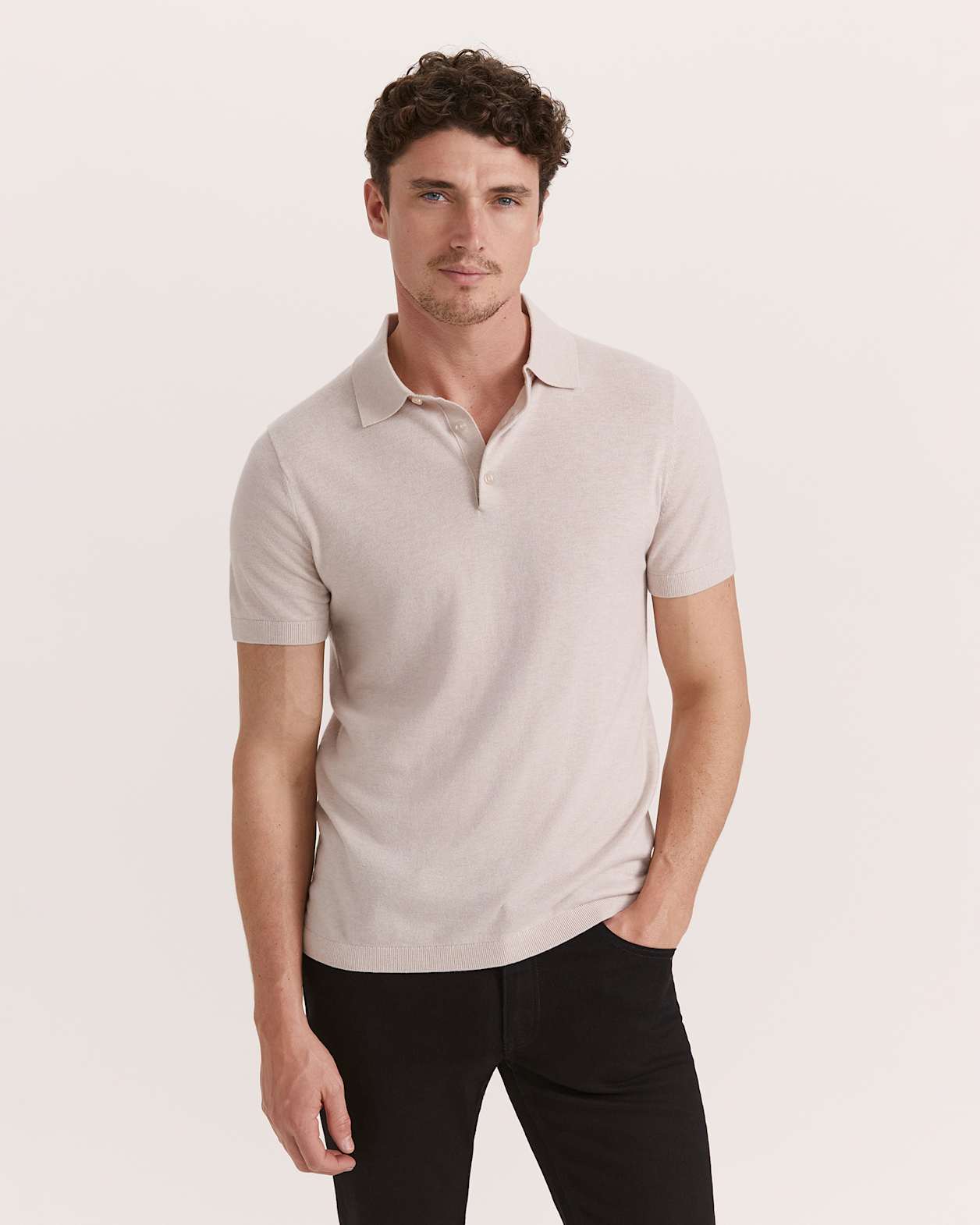 Miramar Cotton Wool Knit Polo in OATMEAL