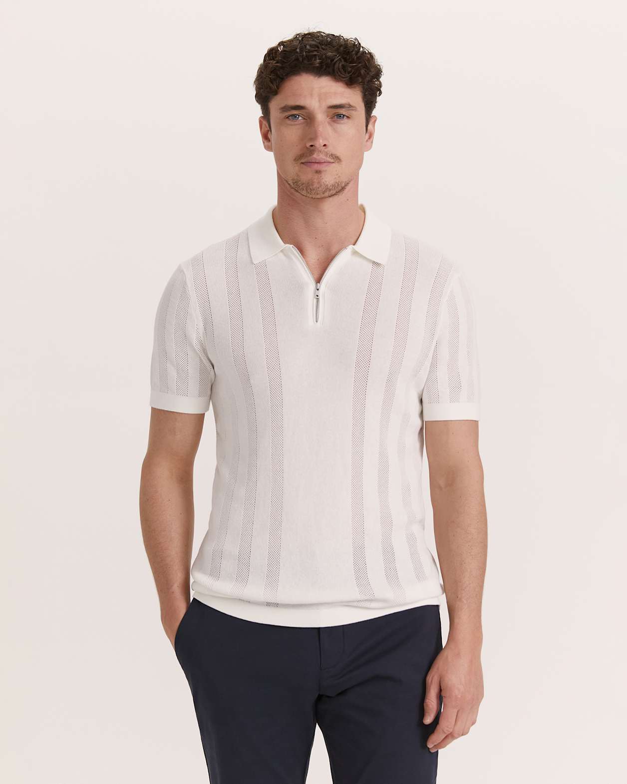 Evans Cotton Textured Knit Polo in IVORY