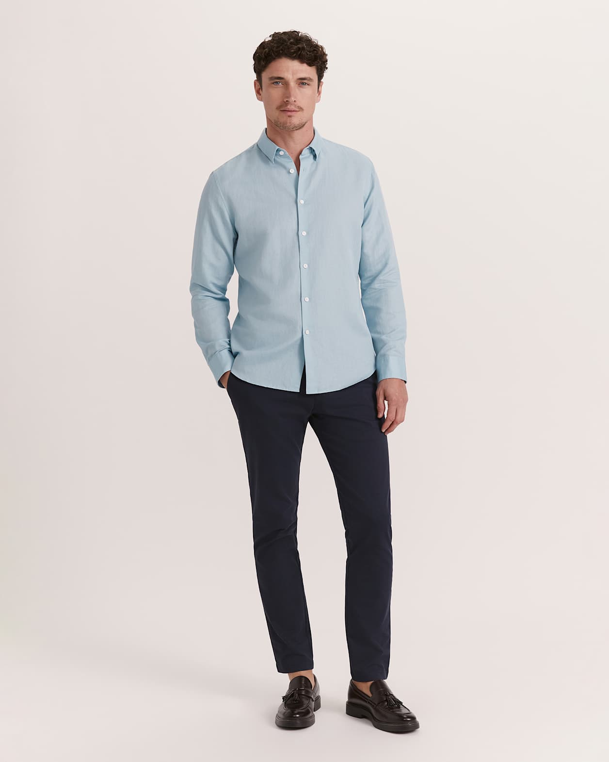 Reeves Long Sleeve Classic Linen Cotton Shirt in OCEAN