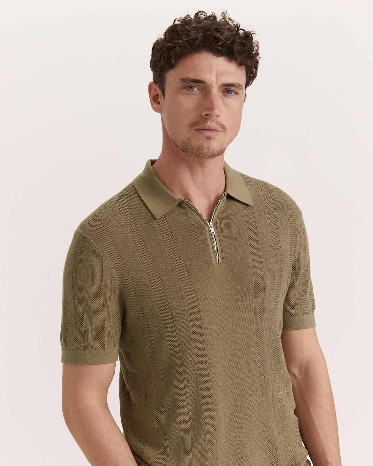 Evans Cotton Textured Knit Polo in KHAKI